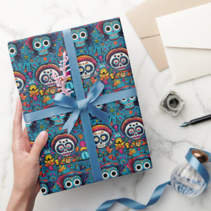 Dia de Muertos, blue sugar skulls pattern Wrapping Paper
