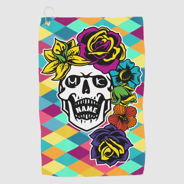 Dia de Muertos Day of the Dead Sugar Skull Custom Golf Towel (Front)