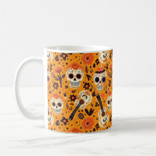 Dia de Muertos, guitars and sugar skulls orange Coffee Mug