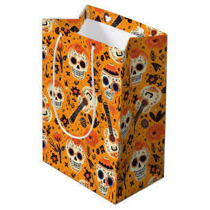 Dia de Muertos, guitars and sugar skulls orange Medium Gift Bag