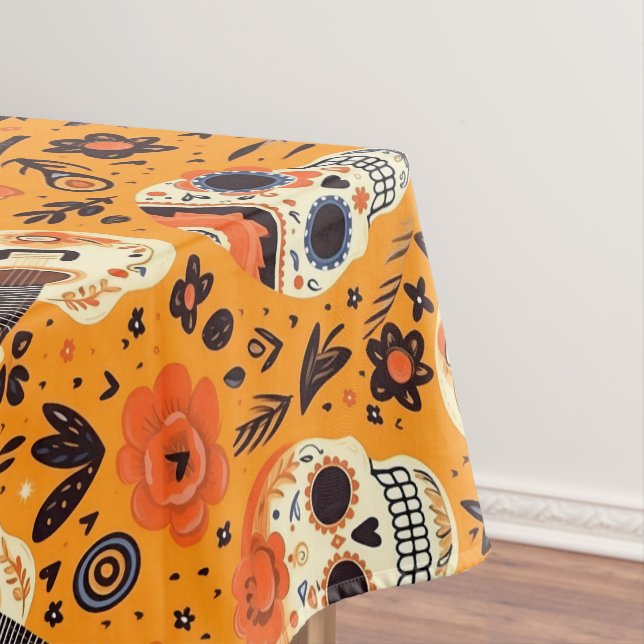 Dia de Muertos, guitars and sugar skulls orange Tablecloth (In Situ)