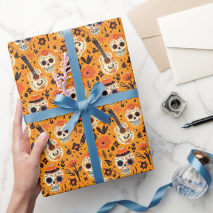 Dia de Muertos, guitars and sugar skulls orange Wrapping Paper