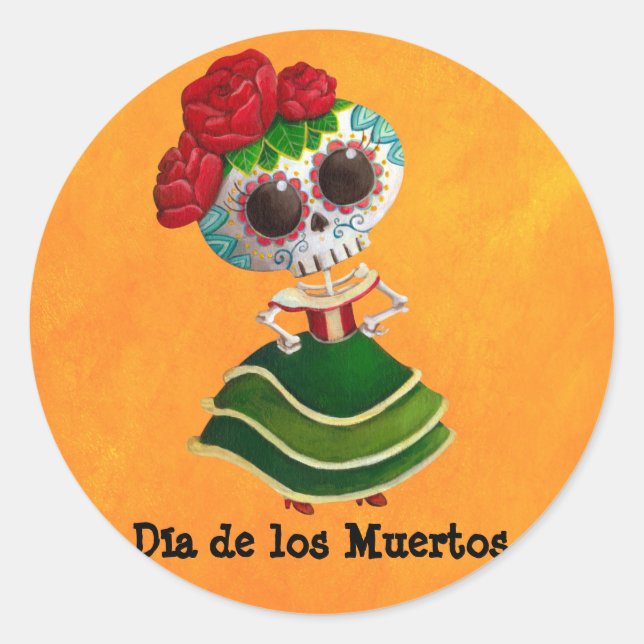 Dia de Muertos Mexican Miss Death Classic Round Sticker (Front)