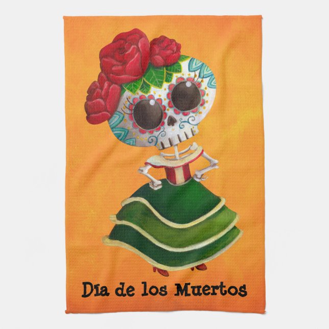 Dia de Muertos Mexican Miss Death Tea Towel (Vertical)