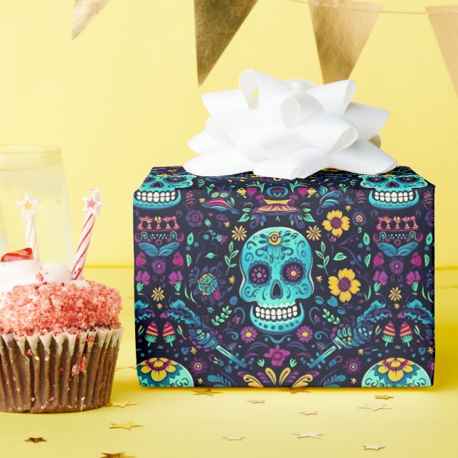 Día de Muertos Reverie: Turquoise Sugar Skull Spec Wrapping Paper (Birthday Party)