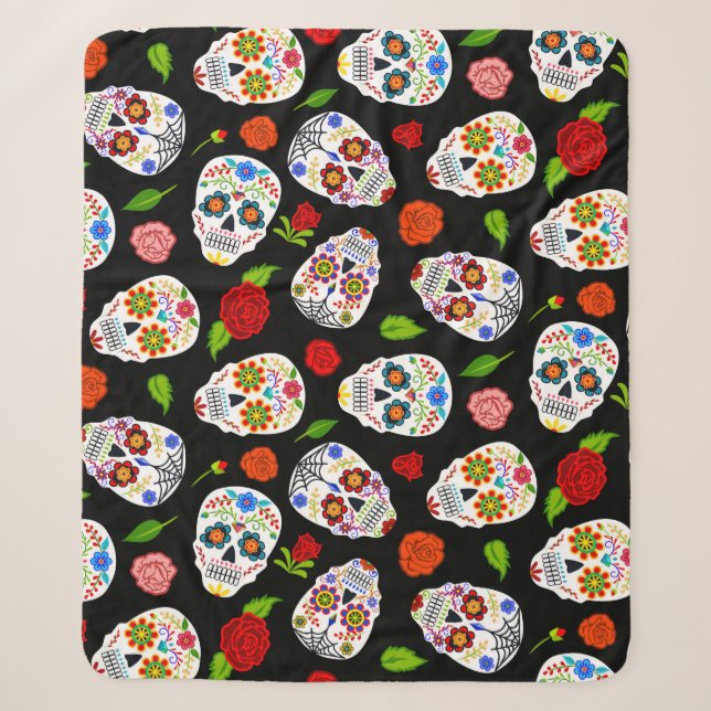 Dia Los Muertos: sugar skulls pattern. Sherpa Blanket (Front)