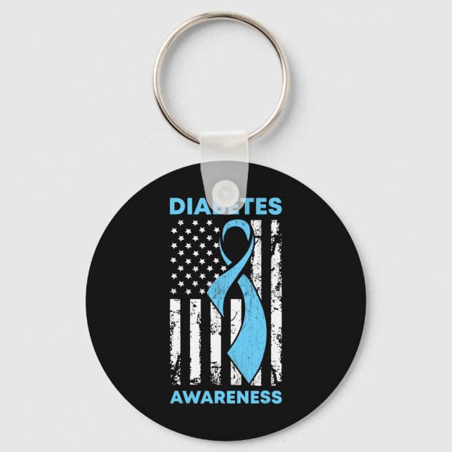 Diabetes Awareness American US Flag Blue Ribbon T1 Key Ring (Front)