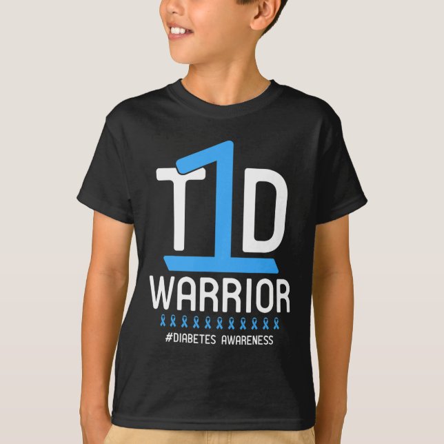 Diabetes Awareness Blue Ribbon T1D Warrior 1 T-Shirt (Front)