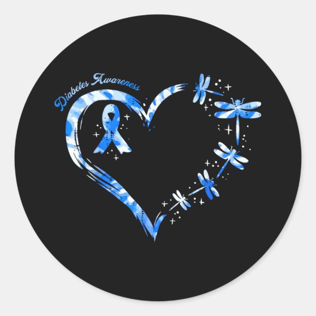 Diabetes Awareness Heart Dragonflies Blue Ribbon W Classic Round Sticker (Front)