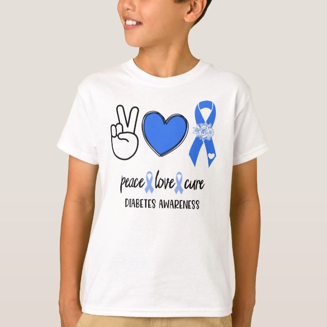 Diabetes Awareness Peace Love Cure We Wear Blue T-Shirt (Front)