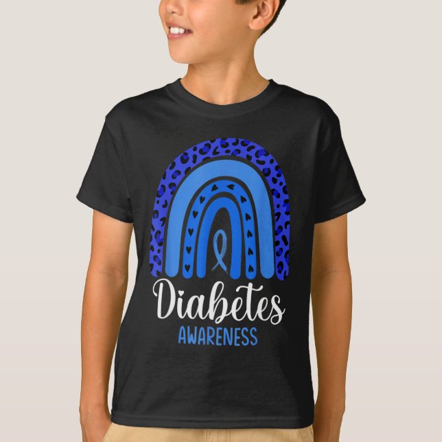 Diabetes Awareness Rainbow Blue Ribbon Fight T1 T2 T-Shirt (Front)
