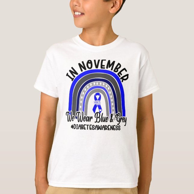 Diabetes Awareness We Wear Blue and Grey Rainbow T-Shirt (Front)