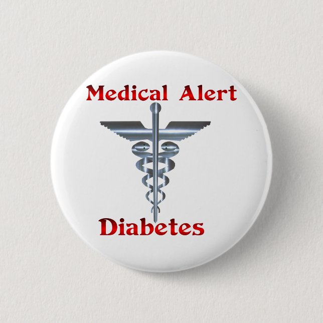 Diabetes Medical Alert Silver Rod & Snakes 6 Cm Round Badge (Front)