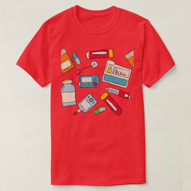 Diabetes Pump and Injection Doodles T-Shirt (Design Front)