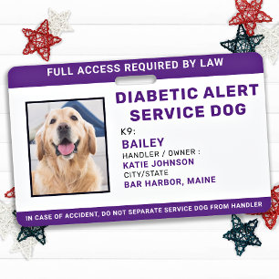 Diabetic Alert Personalised Service Dog Photo ID Badge
