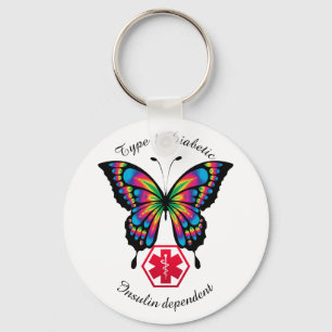 Diabetic Alert Type 1 or 2 Personalize Butterfly Key Ring