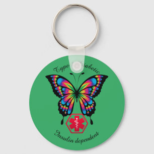 Diabetic Alert Type 1 or 2  Personalize Butterfly Key Ring