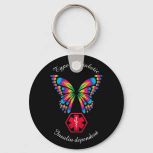 Diabetic Alert Type 1 or 2 Personalize Butterfly Key Ring