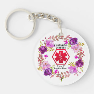 Diabetic Floral Medical Alert Type 2 Key Ring