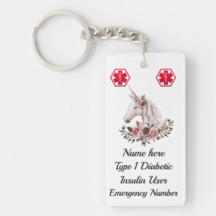 Diabetic Floral Unicorn Medical Alert  Type 1 or 2 Key Ring