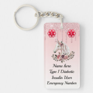 Diabetic Floral Unicorn Medical Alert  Type 1 or 2 Key Ring