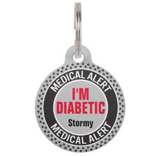 Diabetic Pet Medical Alert Custom Name Grey Black Tag