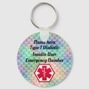 Diabetic Rainbow Alert Personalised Type 1 or 2 Key Ring