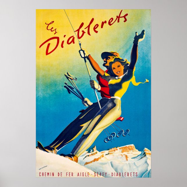 Diablerets, mountain, couple on a ski lift poster (Front)