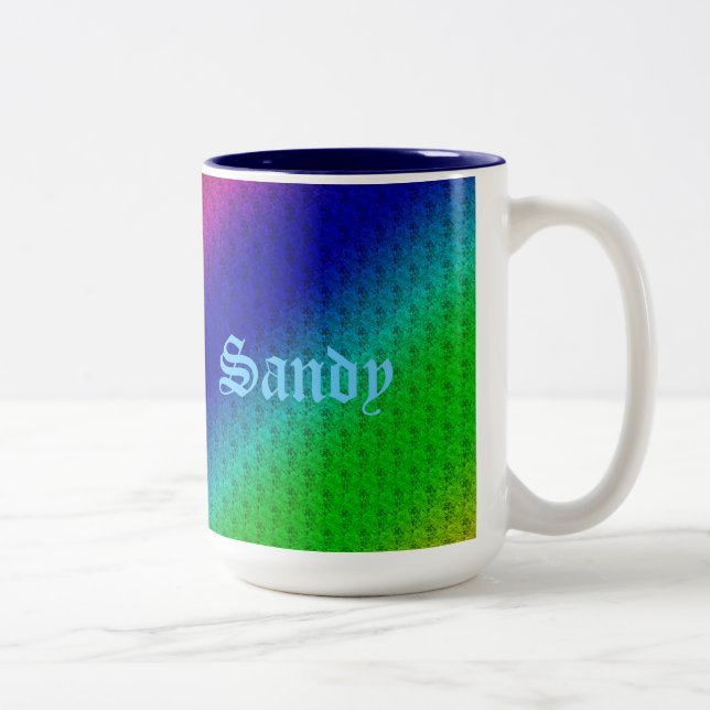 Diag Rainbow Gradient Floral Pattern Blue Green Two-Tone Coffee Mug (Right)