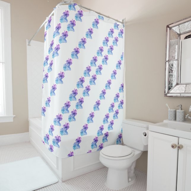 Diagonal 2 Blue Purple Flower Illustration Shower Curtain (In Situ)