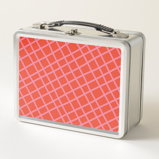 Diagonal Abstract Chequered Lines Pattern in Red Metal Lunch Box (Front)
