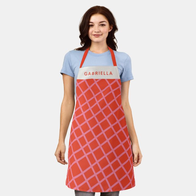 Diagonal Abstract Lines Pattern Red Personalised Apron (Worn)