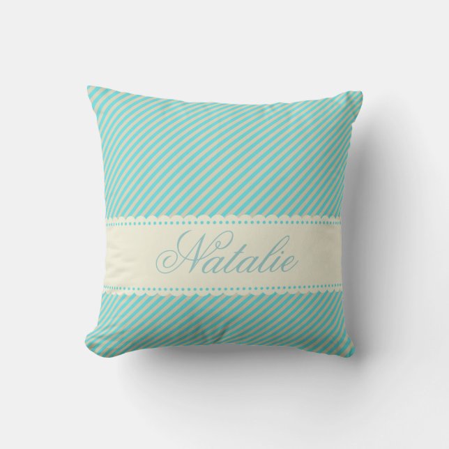 Diagonal Aqua Blue Cream Stripes Custom Name Cushion (Front)