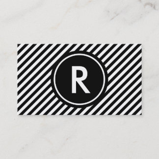 Diagonal Black and White Stripes With Monogram Business Card