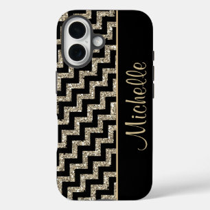 Diagonal Black Chevron Gold Personalised iPhone 16 Case
