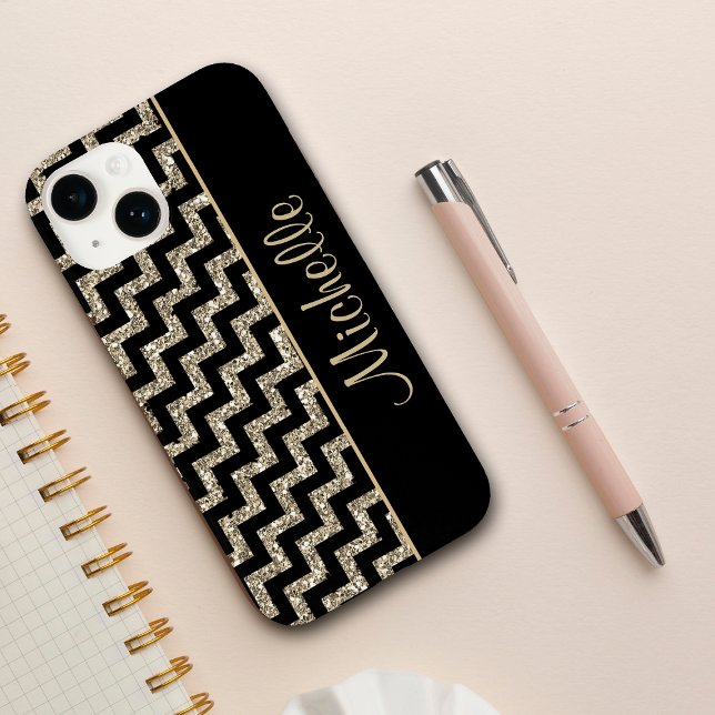 Diagonal Black Chevron Gold Personalised Case-Mate iPhone Case (Creator Uploaded)