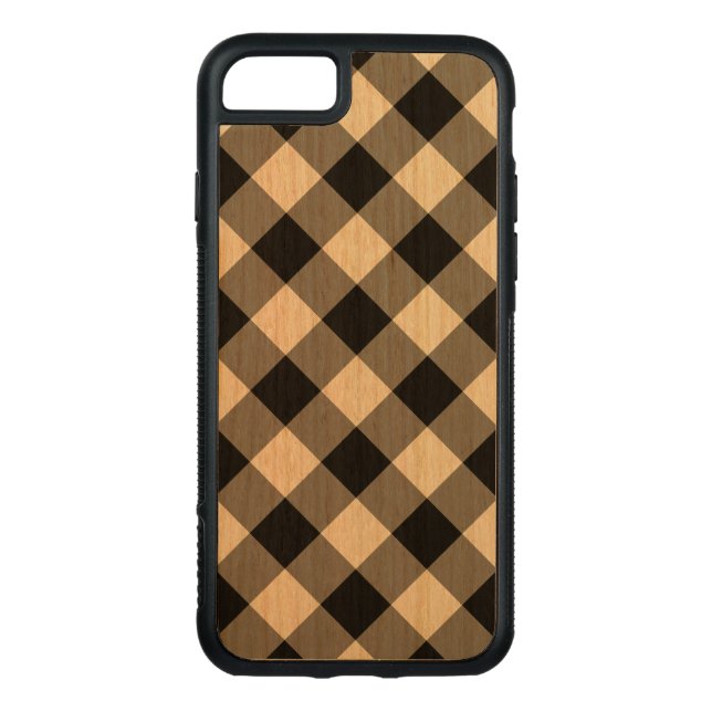 Diagonal Black Gingham Pattern on Cherry Wood Carved Wood iPhone Case (Back)