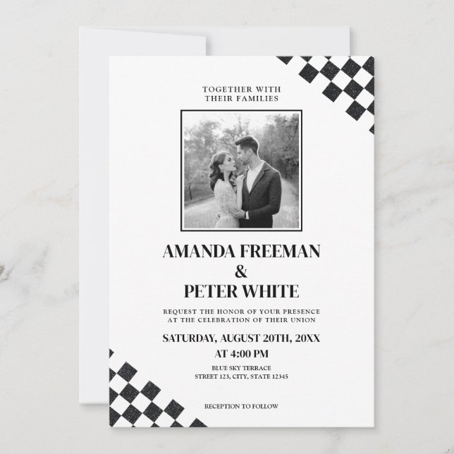 Diagonal Black Glitter Bold Checkers Wedding Invitation (Front)