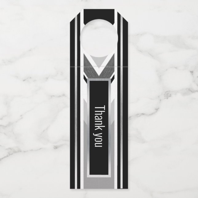 Diagonal black, grey, metallic striped print bottle tag (Front)
