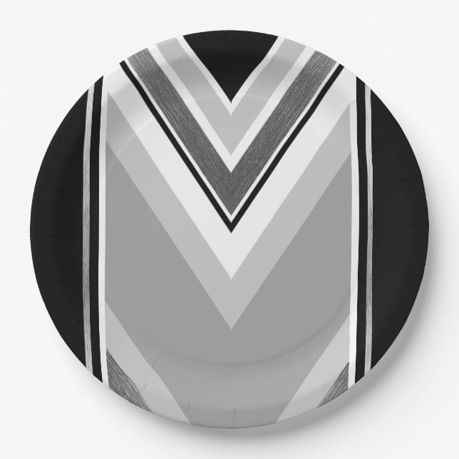 Diagonal black, grey, metallic striped print paper plate (Front)