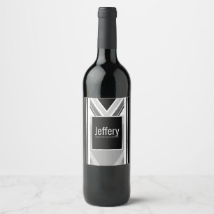 Diagonal black, grey, metallic striped print wine wine label