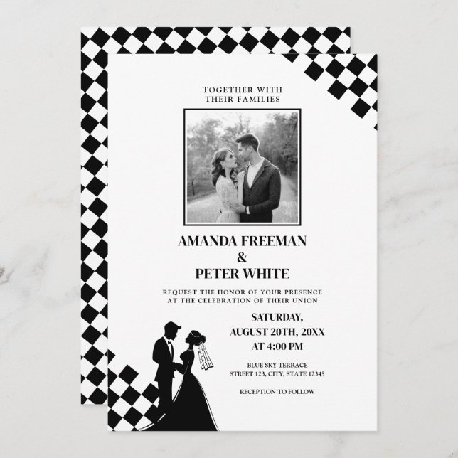 Diagonal Black Silhouette Bold Checkers Wedding Invitation (Front/Back)