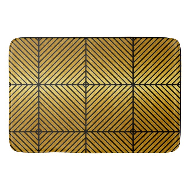 Diagonal Black Striped Gold Leaf Texture Bath Mat (Front)