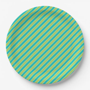 Diagonal Blue and Green Stripe Modern Paper Plate