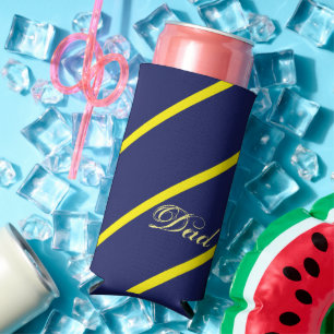Diagonal blue and yellow stripes with dad text seltzer can cooler