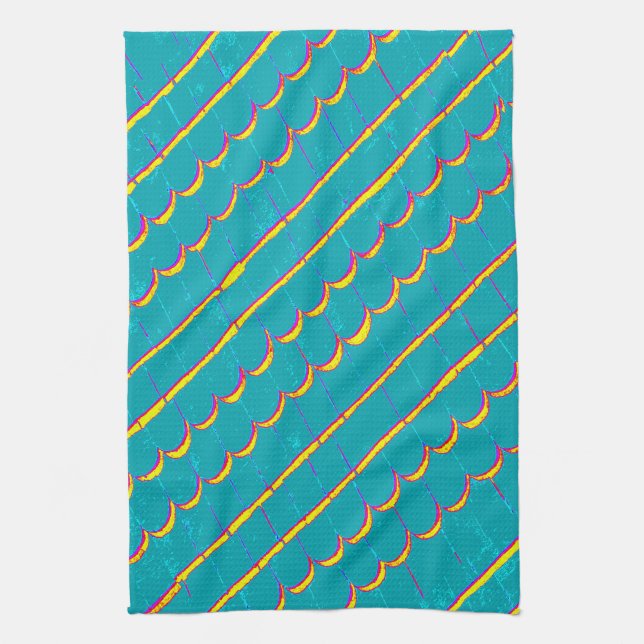 diagonal blue-green shingle rows tea towel (Vertical)