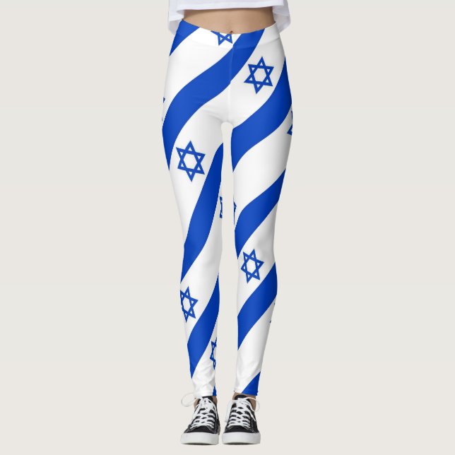 diagonal blue star of david striped white leggings (Front)