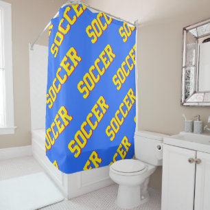 Diagonal Bright Yellow Retro TENNIS Text On Blue Shower Curtain