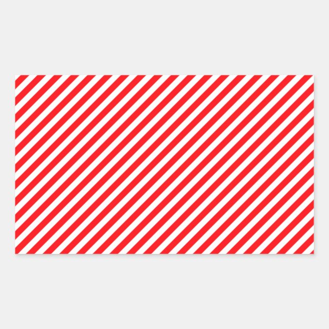 Diagonal Candy Cane Stripes-Christmas Red & White Rectangular Sticker (Front)