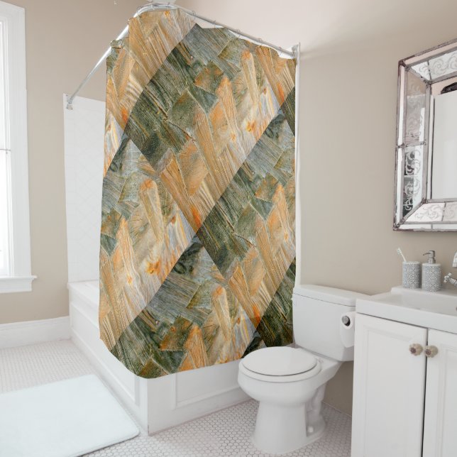 Diagonal dovetailed cabin corner shower curtain (In Situ)
